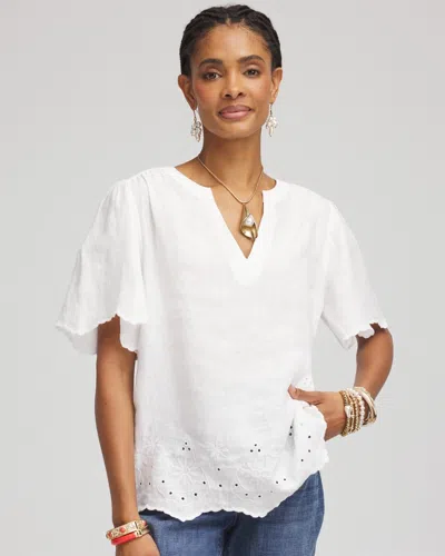 Chico's Linen Embroidered Hem Blouse In White Size 18 |  In Alabaster