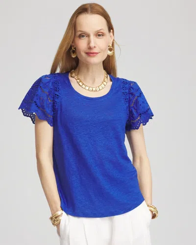 Chico's Linen Embroidered Lace Tee In Blue