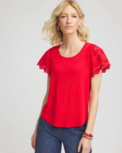 Chico's Linen Embroidered Lace Tee In Red