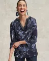CHICO'S LINEN FLORAL EMBELLISHED TUNIC TOP IN NAVY BLUE SIZE 16/18 | CHICO'S