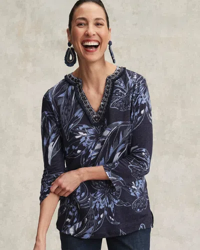 Chico's Linen Floral Embellished Tunic Top In Navy Blue Size Xs |