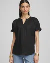 Chico's Linen Flutter-sleeve Popover Top In Black In Black