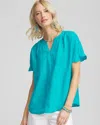 Chico's Linen Flutter-sleeve Popover Top In Blue In Green