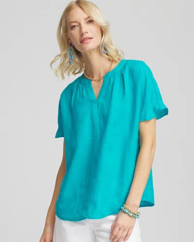 Chico's Linen Flutter-sleeve Popover Top In Blue In Green