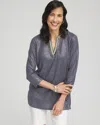 CHICO'S LINEN FOIL EMBELLISHED TUNIC TOP IN SOFT SLATE SIZE 8/10 | CHICO'S