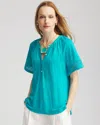Chico's Linen Lace-cutwork Sleeve Henley Tee In Blue In Green