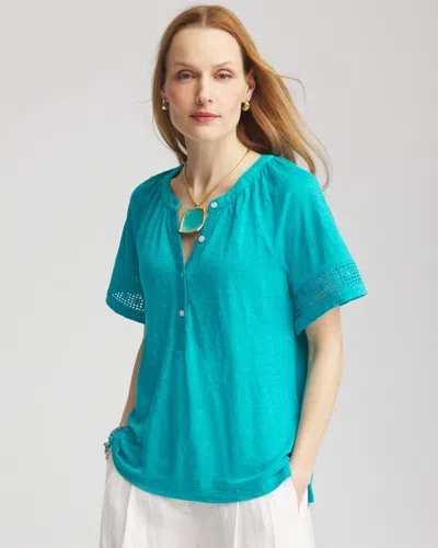 Chico's Linen Lace-cutwork Sleeve Henley Tee In Blue In Green
