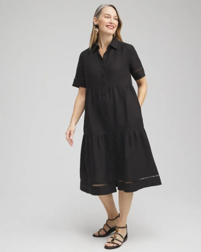 Chico's Linen Lattice Trim Midi Dress In Black Size 8 |