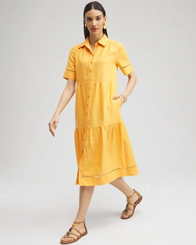Chico's Linen Lattice Trim Midi Dress In Mango Sorbet Size 18-xl |