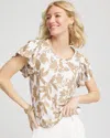 Chico's Linen Leaf Print Flutter Sleeve Tee In Brown