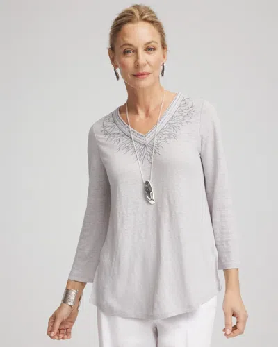 Chico's Linen Metallic Embroidered V-neck Tunic In Denim In Gray