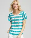 Chico's Linen Metallic Striped Flutter-sleeve Tee In Blue In Green