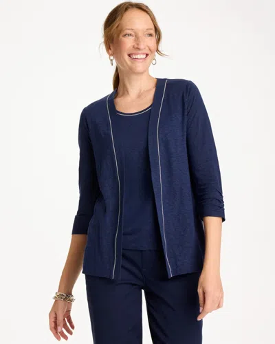 Chico's Linen Open Front Cardigan Sweater In Blue In Multi