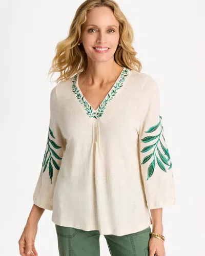 Chico's Linen Palm Embroidered Pleated Tee In Cream In Neutral
