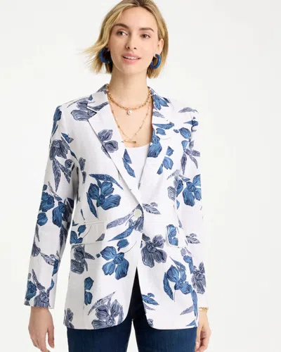Chico's Linen Printed Piped Boyfriend Blazer In White