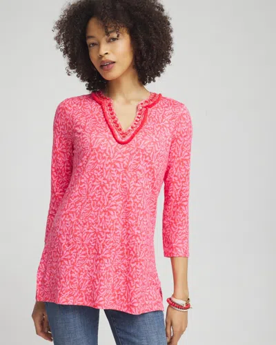 Chico's Linen Reef Embellished Tunic Top In Red Size 4/6 |  In Watermelon Punch