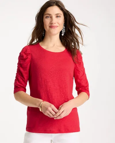 Chico's Linen Ruched Sleeve Tee In Cherry Lush In Red