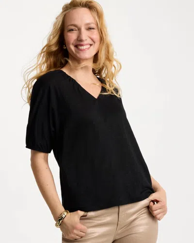 Chico's Linen Ruched V-neck Tee In Black