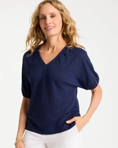 Chico's Linen Ruched V-neck Tee In Blue