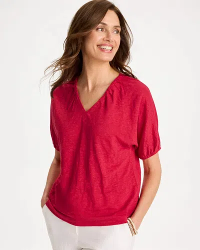 Chico's Linen Ruched V-neck Tee In Cherry Lush In Red