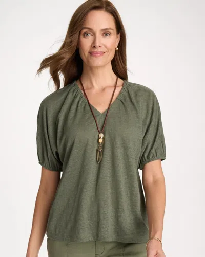 Chico's Linen Ruched V-neck Tee In Kelp Forest In Green