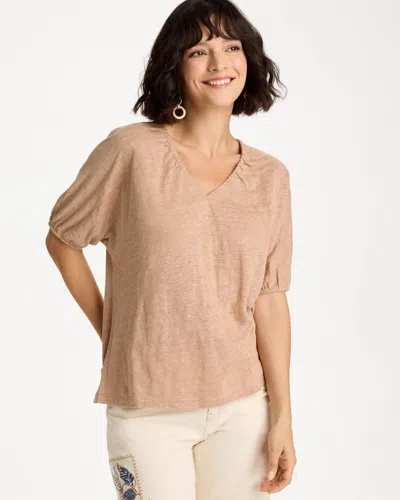 Chico's Linen Ruched V-neck Tee In Mocha Mousse In Brown