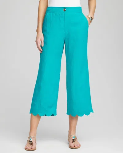 Chico's Linen Scallop Hem Crop Pants In Blue In Green