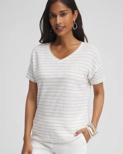 Chico's Linen Stripe Sweater Trim Tee In River Rock Size 16/18 |  In Navy Blue