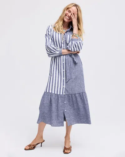 Chico's Linen-cotton Striped Shirtdress In Blue In Purple