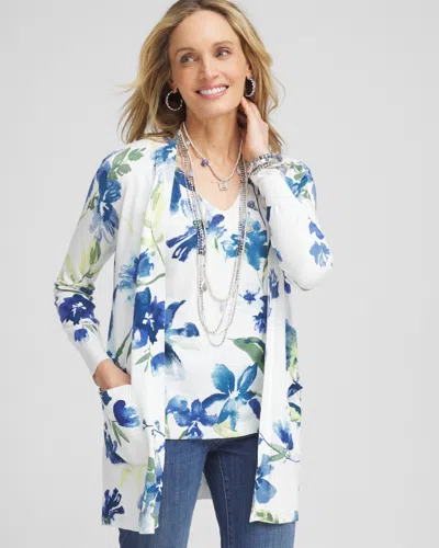 Chico's Long Floral Open-front Cardigan Sweater In White Size 12/14 |  In Alabaster