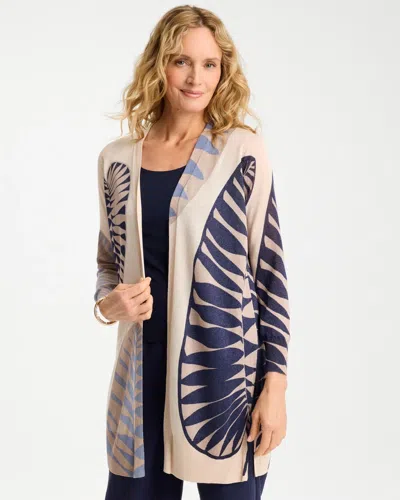 Chico's Long Leaf Print Summer Romance Cardigan Sweater In White In Sand