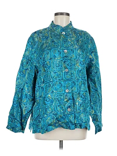 Pre-owned Chico's Long Sleeve Silk Top Teal Paisley Pattern Mock Neckline Tops