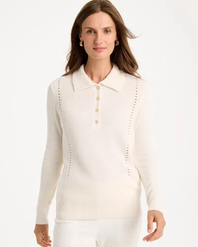 Chico's Long-sleeve Pullover Polo Sweater In Soft Ivory