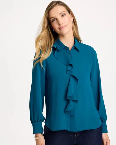 Chico's Matte Satin Ruffled Button-down Blouse In Striking Teal