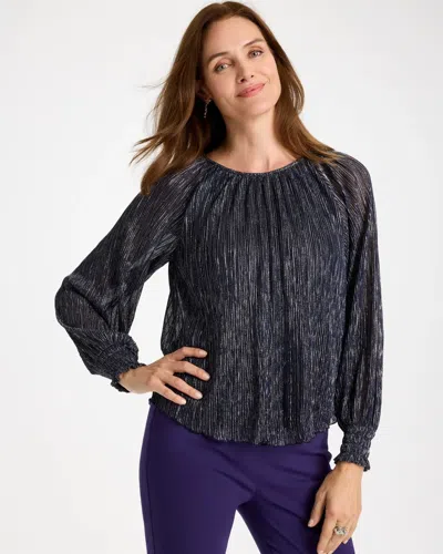 Chico's Metallic Bodre Crinkle Mesh Top In Blue In Passport Blue