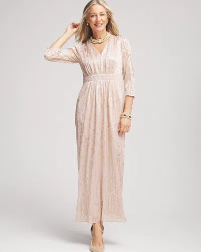 Chico's Metallic Pleated Maxi Dress In Pink Size 4/6 |  In Rose Smoke