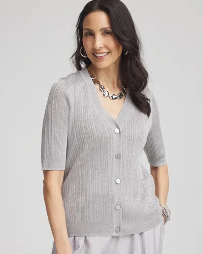 Chico's Metallic Ribbed Button-up Cardigan Sweater In Denim In Gray