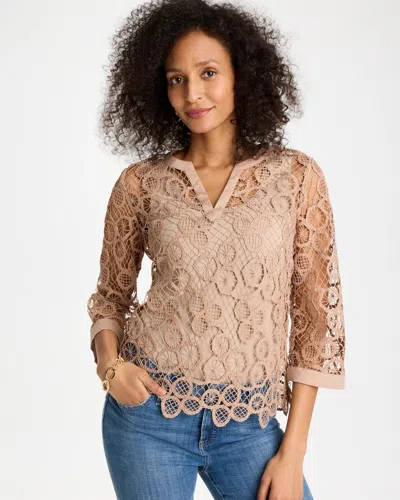 Chico's Mixed-media Medallion Lace Top In Mocha Mousse In Brown