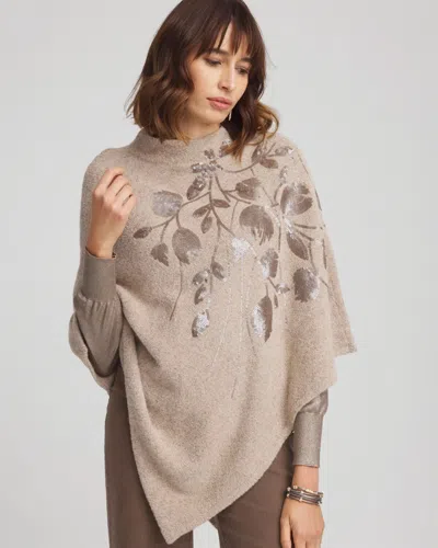 Chico's Mock Neck Floral Sequin Poncho In Taupe In Brown