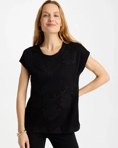 Chico's Monochrome Embroidered Cap-sleeve Tee In Black