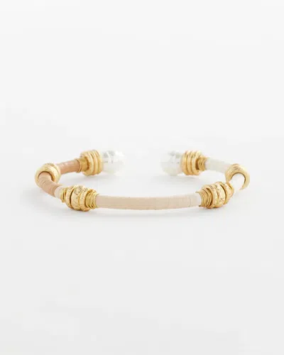 Chico's Neutral Raffia & Pearl Wrapped Cuff In White