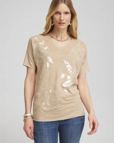 Chico's Neutral Sequin Embellished Tee In Tan Size Small |