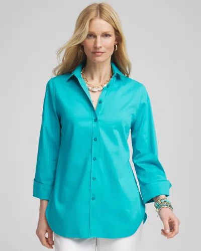 Chico's No Iron 3/4 Sleeve Stretch Shirt In Blue In Green