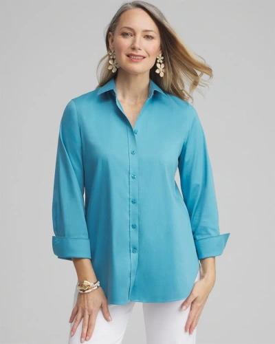 Chico's No Iron 3/4 Sleeve Stretch Shirt In Blue Size Small |  In Cool Water