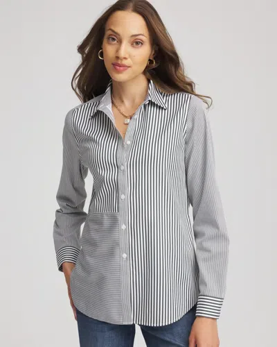 Chico's No Iron Colorblock Striped Shirt In Darkest Spruce In Green