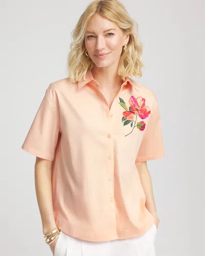 Chico's No Iron Embroidered Floral Short-sleeve Shirt In Orange