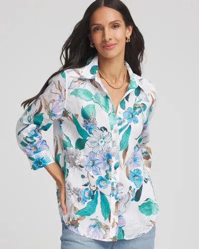 Chico's No Iron Floral Linen Shirt In Blue