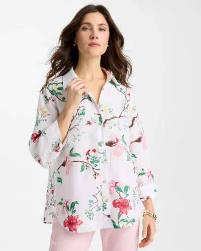 Chico's No Iron Kyoto Bloom Linen Shirt In Hot Honeysuckle In White