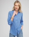 CHICO'S NO IRON LINEN 3/4 SLEEVE SHIRT IN BLUE SIZE LARGE | CHICO'S