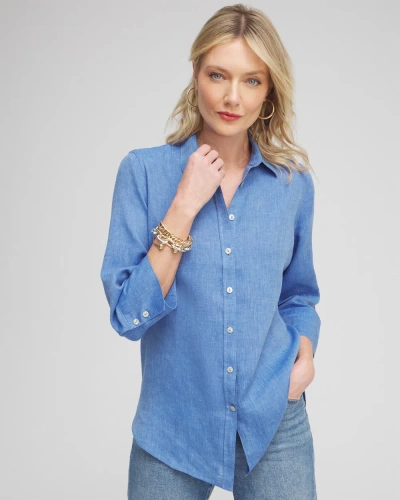 Chico's No Iron Linen 3/4 Sleeve Shirt In Blue Size Large |